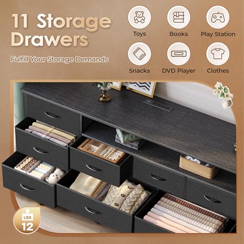Huuger 70 Inch TV Stand for 75, 80 Inch TV, 11 Drawer Long Dresser with Power Outlets and LED Lights, Entertainment Center with Storage, Black Dresser with PU Leather Surface