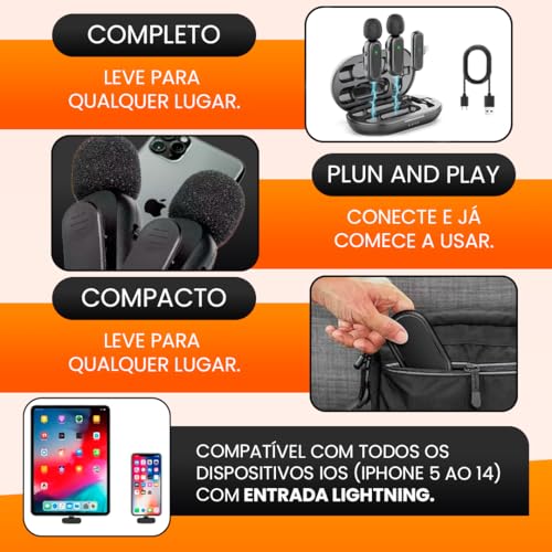 Microfone de Lapela Duplo Sem Fio Compátivel Iphone 5 ao 14 Lightning Smartphone Tablet Mini Microfo