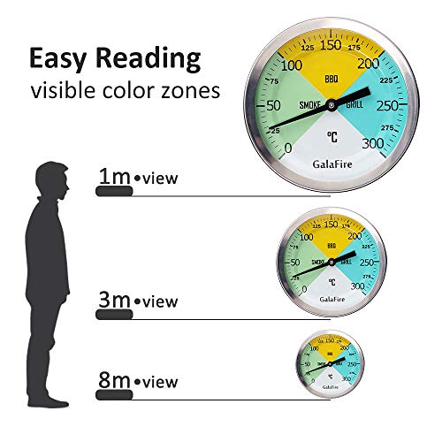 GALAFIRE 80 mm großes Zifferblatt 300 °C BBQ Grill Thermometer Holz Smoker Temp Gauge mit verlängertem 73 mm Stiel für Grillen Fleisch Kochen