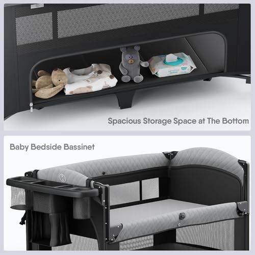 Image of Obee Odee 4 in 1 Baby Bassinet, Pack and Play, Bedside Crib Sleeper, Diaper Changer - Comes with Mattress, Mosquito Net,Bottom Storage and Toy Bar for Newborn to Toddles