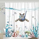 Funny Cat Shower Curtain, Diving Underwater World Shower Curtain Sets with Animal Turtle Octopus Starfish, Waterproof Fabric Nautical Kids Curtain with Hooks for Bathroom Décor - 72" x 72"