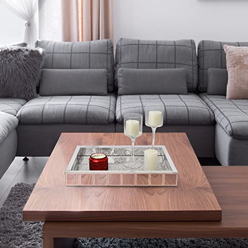 Crystal Diamond Mirrored Silver Tray- 15"X11"X2" Gorgeous Rectangle Tray With Hand Decorative Tray Makeup Tray For Dresser Vanity Room, Bathroom, Hallway #TOP4