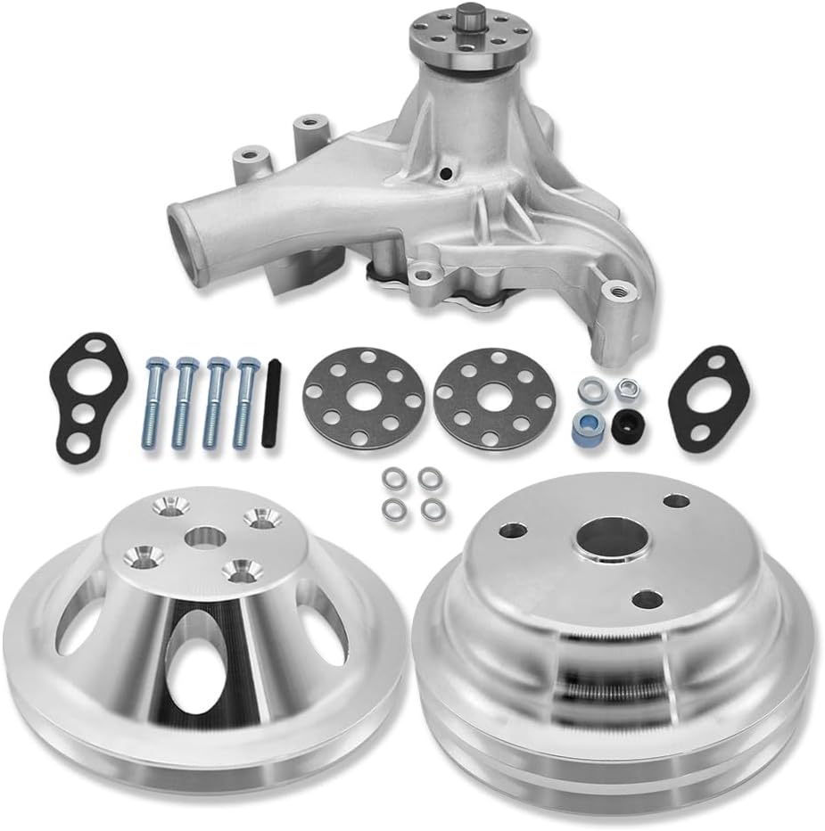 Satin Aluminum Mechanical Long Water Pump & Pulley & Crankshaft Pulley For Chevy SBC 283 327 350 383 400 1958-1985