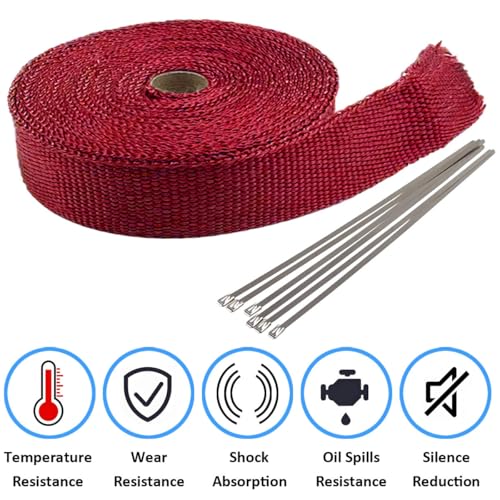 LKRXW Hitzeschutzband Auspuffband Glasfaser Auspuff Isolierband Motorrad Auspuffkrümmer Band Hitzeschild Thermoband Krümmerband Wickelband Rot 2,5CM x 5M mit 6 Kabelbinder