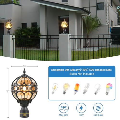 Globe Outdoor Post Light for Lawn Porch Garden Pathway Patio, Waterproof Pier Mount Lamp Post Light Fixtures, Aluminum Post Lantern, Black Sphere Post Pole Light(Medium,2 Pack)