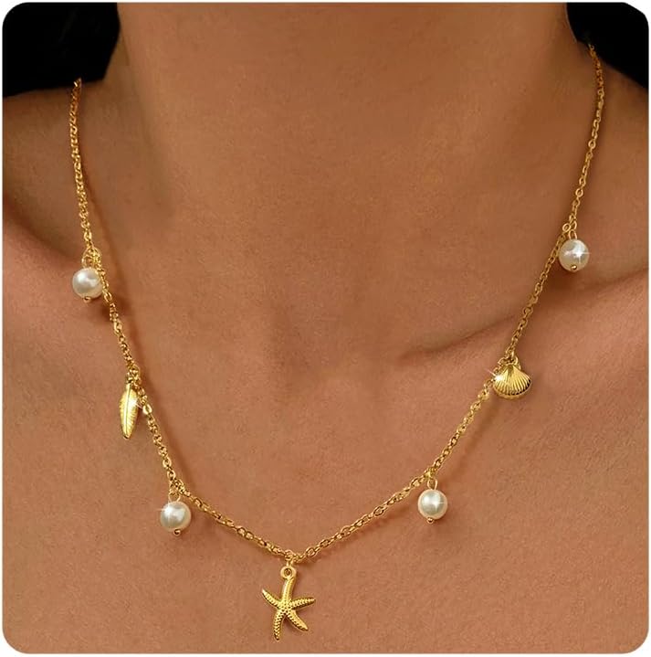 Shell Necklace for Women Gold Sea Shell Starfish Pearl Charm Necklace Boho Summer Beach Travel Vacation Bohemian Collar Jewelry