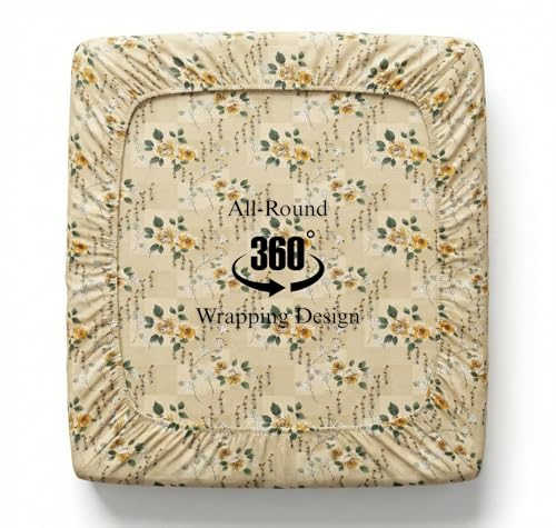 Image of VAS COLLECTIONS 300 TC Premium Cotton Fitted Bedsheet Set Double Bed 78x72+10 Inch | Soft Breathable Sheet with 2 Pillow Covers | Luxury Printed Bedding | Elegant Durable Bed Linen (Warm Beige)