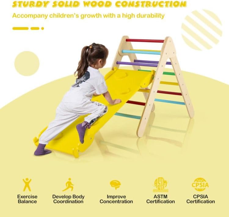 3-in-1 Wooden Climbing Triangle Set Triangle Climber with Ramp