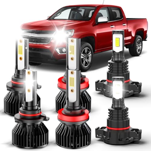 Fit For Chevy Colorado (2015-2020) led Foglight bulbs, 9005+H11 High & Low Beam Bulbs+5202 led fog light bulb,500% Brightness, 6000K Eye-Protection White,Plug and play, IP68,with Fan,No Errors, 6-Pack