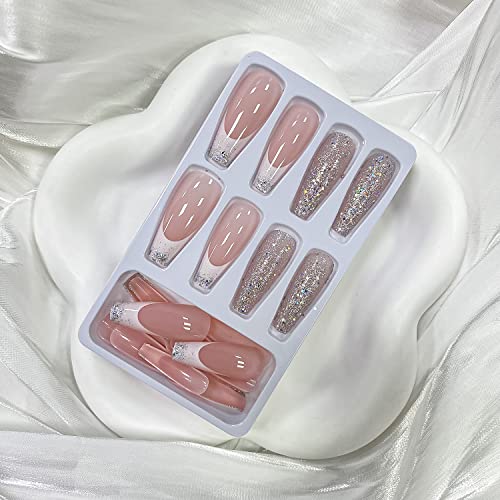 Oliukju 24Pcs Long Coffin Press On Nails Pink Acrylic Fake Nails White French Tips Sequin Design False Nails Glossy Full Cover Artificial Nails For Women And Girls #TOP2