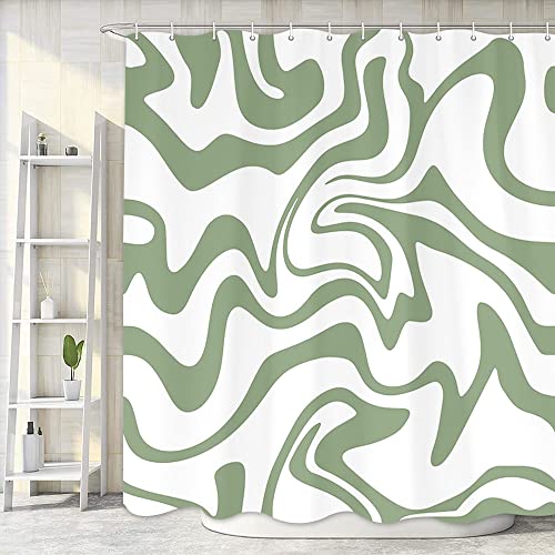 Boho Sage Green Shower Curtain, Cute Aesthetic 70S Abstract Wavy Swirl Bathroom Curtain Liner, Pastel Vintage 2000s 90s 80s Retro Boho Minimal Teen Girls Restroom Decor Accessories with Hooks, 72X72in -  Mtsxfy, B0B7J2J1GZ_CA NARF