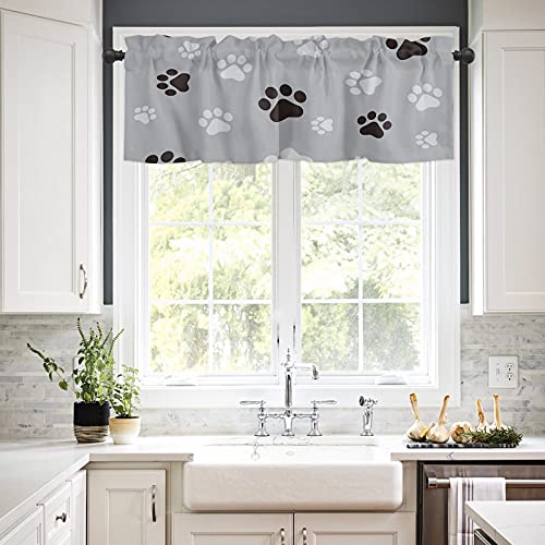 Zadaling Valance Curtain For Kitchen, Gray Black Dog Paws Footprints Window Valance For Living Room Scroll,Rod Pocket Valances For Bedroom Decor,Window Treatment Valance 1 Panel 18" X 54" #TOP1