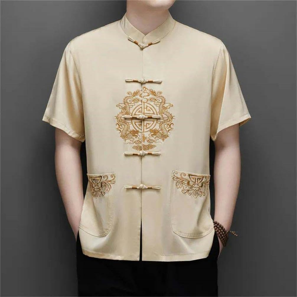 Men's Retro Silk Tang Suit Shirt Breathable Solid Color Chinese Style Stand Collar Button top Summer