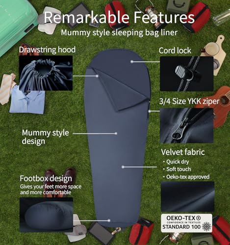 Forro de Bolsa de Dormir Litume Velvet para Clima Frío, Estilo Momia con Cremallera, Añade 14°F miniatura 3