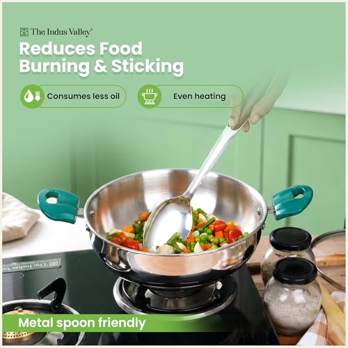 Image of The Indus Valley Stainless Steel Impact Bonded Kadai 3.7 litres | Even Heating Cookware | 100% Toxin-Free | Heat-Resistant Handle | Induction-Friendly | Suitable for Gas & Induction Cooking