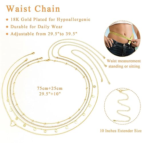 Excefore Metal Waist Chains for Woman, Adjustable Body Link Belt, Multilayered Belly Waist Chain Set, Glamorous Belly Jewelry Waist Belt for Women, Perfect for Summer Beach, Jeans, Dresses (4 Pieces)