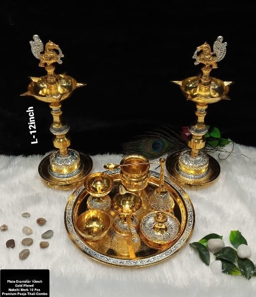indiancraftsbykanika Silver Plated Pooja thali Set - 10 Pieces Set for Diwali/Housewarming