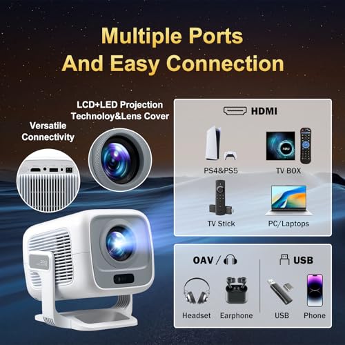 Image of Mini Projector with WiFi 6 and Bluetooth 5.4, Native 1080P Full HD, Auto Focus, Android 11 Smart Projector, Auto Keystone, Short Throw for Movies, Gaming and Home Theater