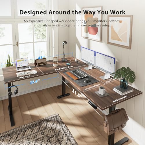 Image of 63 Inch L Shaped Electric Standing Desk, Corner Workstation, Dark Walnut | 3 AC outlets, 2 USB ports, cable tray, cord clips, 3 memory presets, anti-collision and 176 lb capacity for home office.