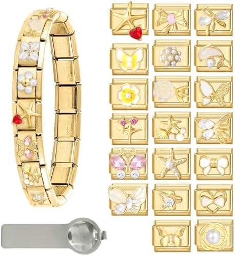 papasgix Italian Charm Bracelet Charms Gold Set with 1pc Gold Starter Brascelet 20pcs Assorted Charms 1pc Opening Tool 9mm Modular Italian Charms Bracelets Links Handmade DIY Jewelry image 4
