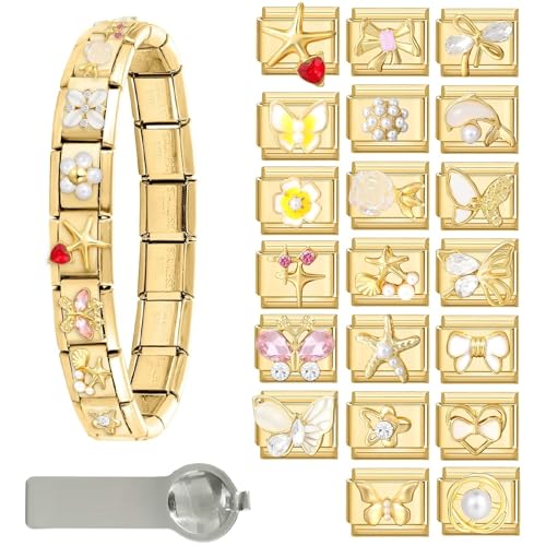 Image of papasgix Italian Charm Bracelet Charms Gold Set with 1pc Gold Starter Brascelet 20pcs Assorted Charms 1pc Opening Tool 9mm Modular Italian Charms Bracelets Links Handmade DIY Jewelry