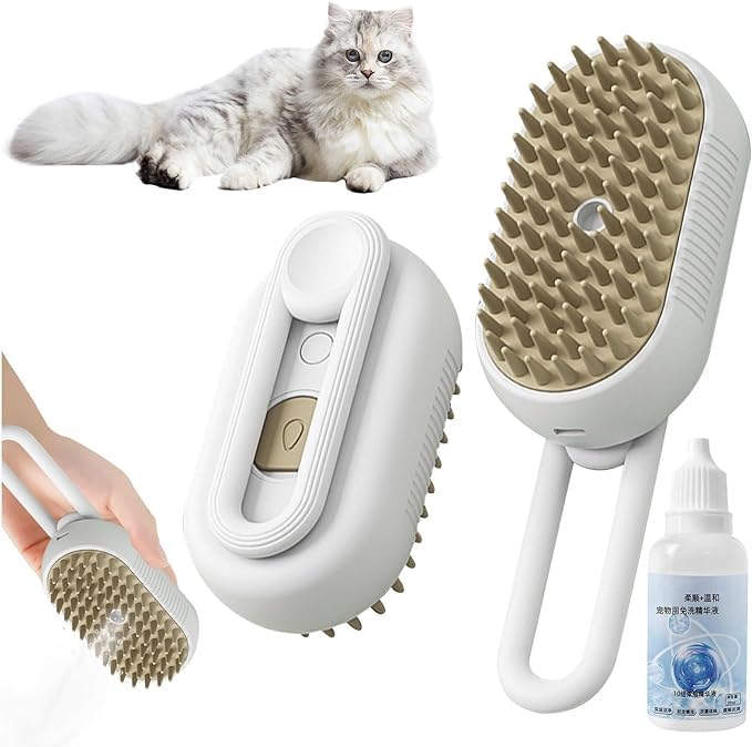 4 in 1 Cat Steam Brush for Shedding - 2025 Upgraded Self Cleaning for Cats and Dogs, Pet Grooming Brush, Rechargeable Steam Pet Brushs for Long or Short Haired, Anti-Static, Massage, Cleaning (White)