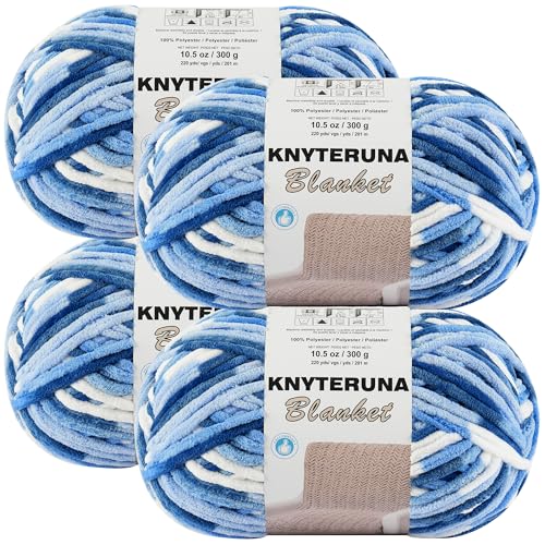 Image of #6 Super Bulky Blanket Yarn for Crocheting - 4 Skeins(Each 10.5oz /300g, 220yds /201m), Chunky Chenille Thick Plush Big Soft Yarn for Crocheting Knitting Blankets, Sky & Navy & Royal & White