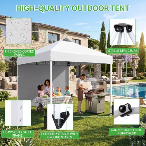 Image of 10x10 White Instant Canopy Tent 1 Sidewall Height Adjustable Portable Gazebo One-Touch Setup with Wheeled Bag for Summer Weddings, Backyard BBQ, Beach Camping, Poolside Parties
