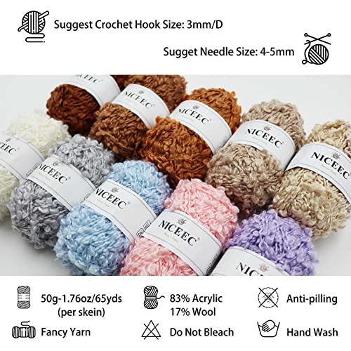 Niceec 4 Skeins Fancy Loop Yarn Soft Soft Novelty Yarn For Diy Craft Fashion Yarn For Crochet Knitting Boucle Yarn Fingering Weight Yarn Totle Length 4×65Yds(4×1.76Oz)-Teddy #TOP4