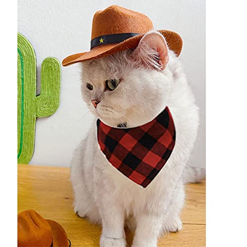 Aniac Pet Dog Cowboy Hat And Plaid Bandana Set Cat Cowboy Costume Puppy Adjustable Cowboy Cosplay Cap With Scarf For Birthday Halloween Holiday Festival And Daily Wear (Brown) #TOP1