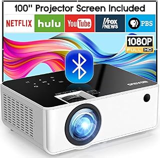 Native 1080P Bluetooth Projector with 100'' Screen, 250'' Big Display Supported Mini Outdoor movie projector, BIGASUO 9000L HD Projector Home Cinema for iOS/Android Smartphone/ HDMI/USB/PS4/TV (Black)
