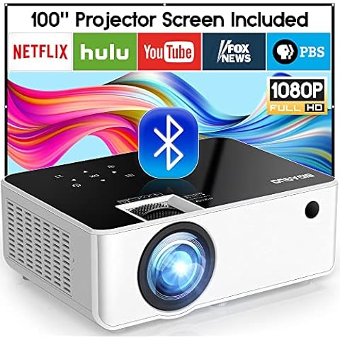 Native 1080P Bluetooth Projector with 100'' Screen, 250'' Big Display Supported Mini Outdoor movie projector, BIGASUO 9000L HD Projector Home Cinema for iOS/Android Smartphone/ HDMI/USB/PS4/TV (Black) Cover