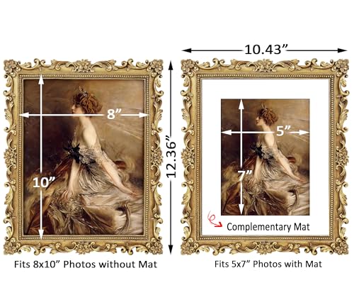 Image of Gold 8x10 Picture Frame Vintage Picture Frames Antique Ornate | Real Glass, Wall or Tabletop Display, Matted to 5x7 Photo