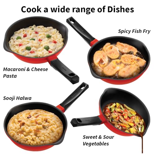 Image of Hawkins 22 cm Die Cast Non Stick Induction Fry Pan with Glass Lid, Ceramic Coated, Red (IDCF22G)
