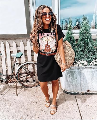Image of Vintage Rock Country Music Dress for Women Rock Concert Band Graphic Tshirt Casual Letter Print Short Dress