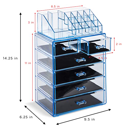 Image of Sorbus Acrylic Makeup Organizer Set, 6-Drawer Vanity & Countertop Cosmetic Storage with Small & Wide Compartments, Blue Brilliance Makeup Storage for Brushes, Jewelry - Holiday Gift for Women & Teens