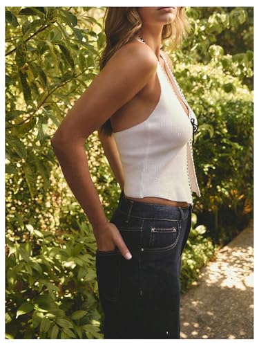 Floerns Women's Y2k Tie Front Ribbed Cardigan Sweater Halter Neck Summer Going Out Tops3