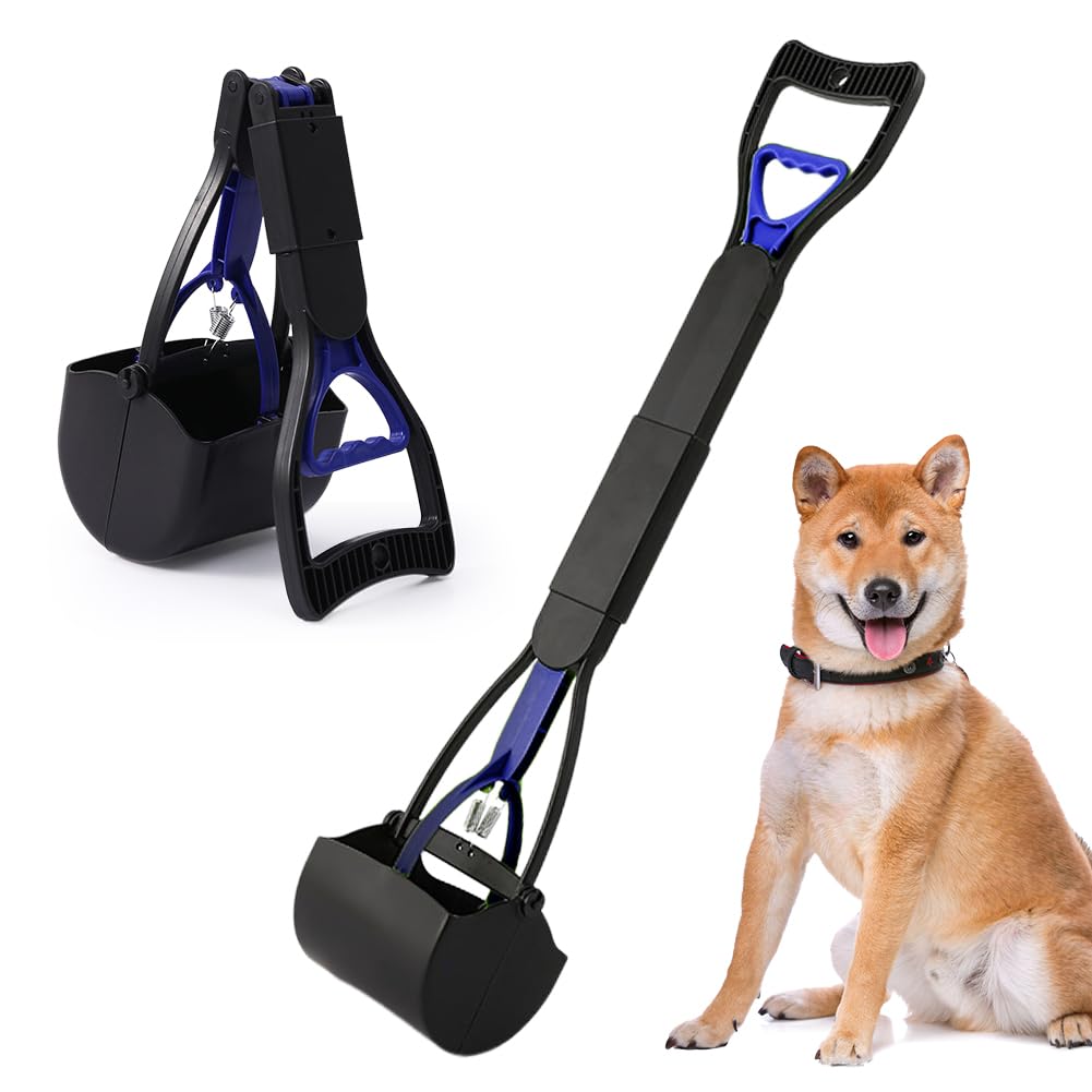 Pelle à déjections canines - 46 cm - Poignée longue - Portable - Pliable - Pour grands et petits chiens - Bleu