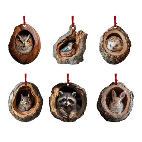 6Pcs Forest Animal Wood Grain Ornaments Christmas Hanging Ornament Set with Lanyard Woodland Creature Figurine Acrylic Christmas Decorations 2D Flat Xmas Tree Home Party Decor (Animal A)