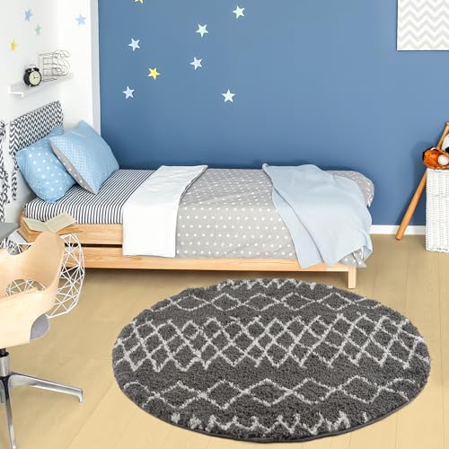 THE RUGS Modern Moroccan Design Living Room and Bedroom Rugs, Non-Shedding & Easy Care (Tangier Dark Grey/Ivory, 120 cm Round) - Image 3