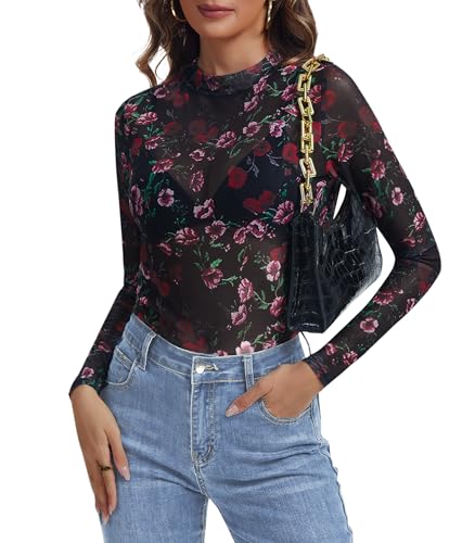 Womens Floral Mesh Long Sleeve Tops See Through Sheer Lace Undershirt Mock Neck Trendy Going Out Shirts