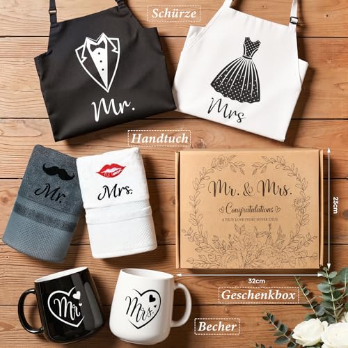 Hochzeitsgeschenke für Brautpaar, 6‑teilig Mr und Mrs Geschenk für Braut und Bräutigam, Tassen, Schürze und Handtuch, Verlobungsgeschenk Paar Geschenke Jahrestag Geschenk für Hochzeit, Verlobungen