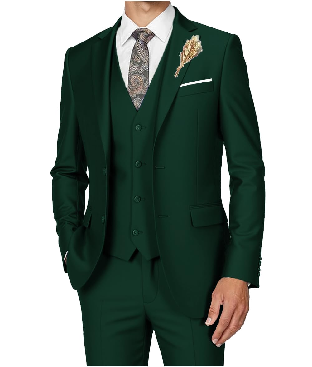 Men's Suits 3 Piece Slim Fit Dress Tuxedo for Men Two Button Solid Jacket Vest Pants Set