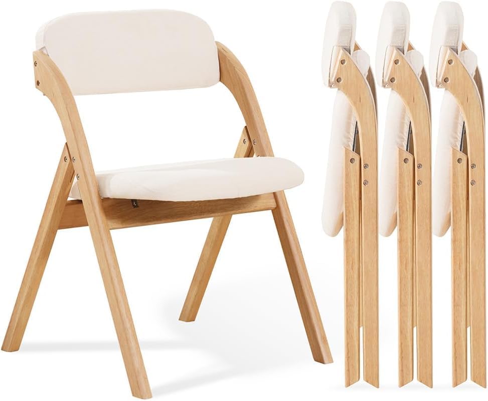 Juego de 2 sillas plegables con cojín, sillas de comedor plegables acolchadas de lino, sillas de comedor plegables de madera cruda, para comedores,