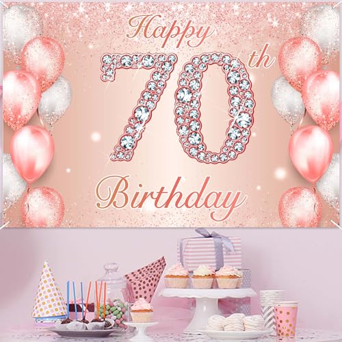 Image of Happy 70th Birthday Rose Gold Banner Cheers to 70 Years Old Backdrop Confetti Balloons Theme Decor for Women 70 Years Old Pink Birthday Party Decorations Bday Supplies Background Favors Gift Glitter