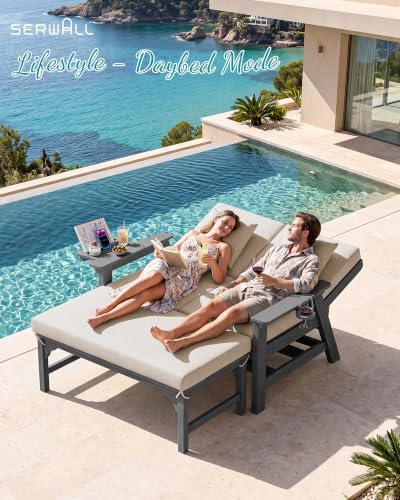Image of SERWALL 2-in-1 Convertible Sofa Daybed with Cushions & Ottoman Table Set | HDPE 4-Position Reclining Outdoor Patio Lounge Chair, 4-in-1 Cup Holder Daybed Sofa Furniture, Grey Frame with Khaki Cushion