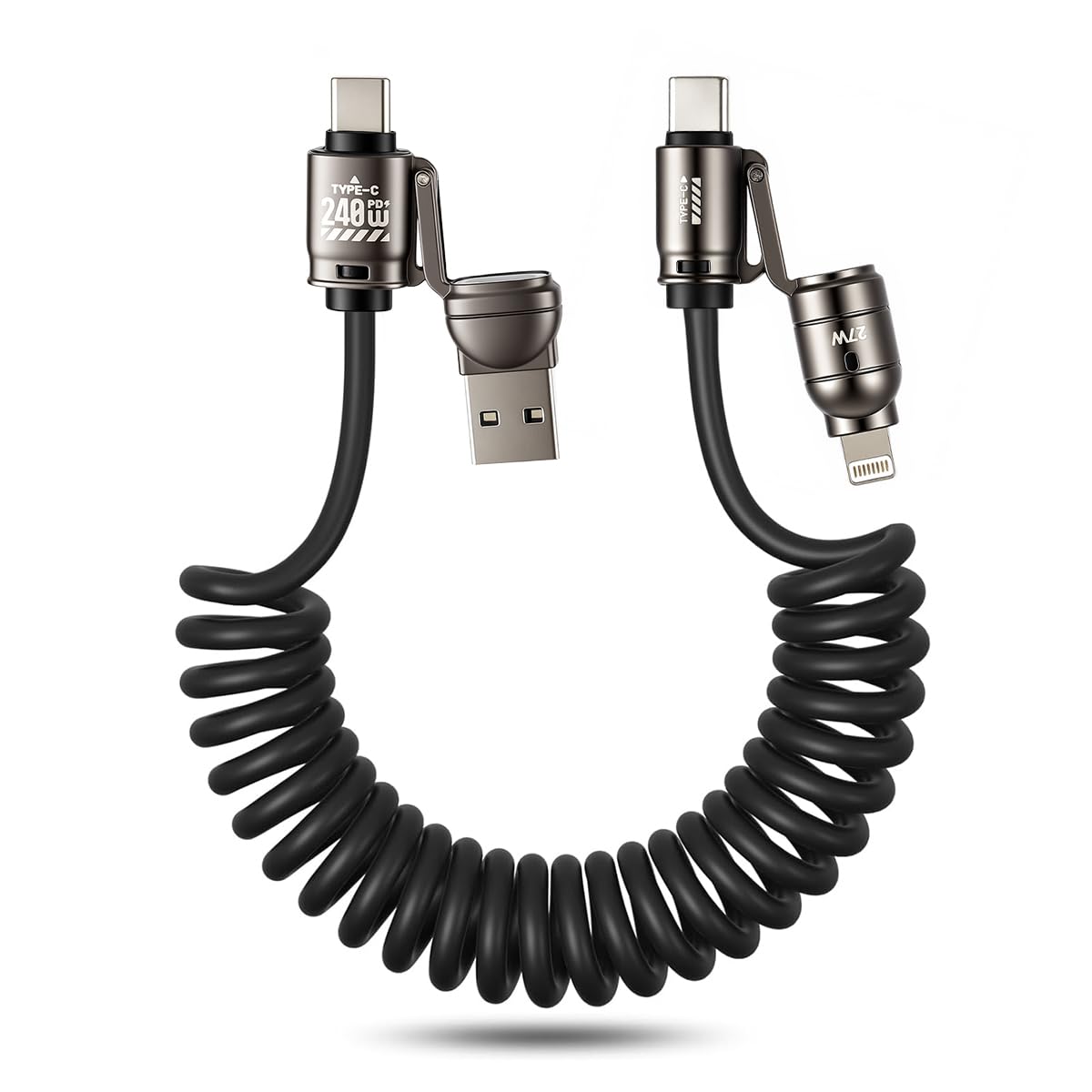 Verilux® Type C to Type C Cable, 4 in 1 PD 240W Fast Charging Cable with USB/Lighting Connector, 6.6ft Retractable Coiled Cord, 480Mbps Data Sync, No Tangle Charging Cable for Phone, Tablet, Laptop-image-4