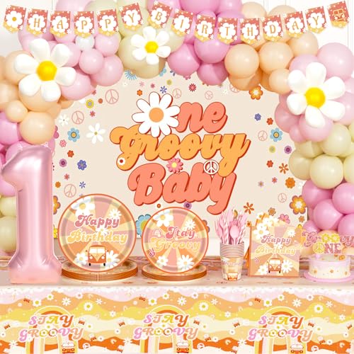 Fiesec Groovy One Birthday Decorations Groovy Hippie Daisy First Party Supplies Backdrop Balloons Garland Banner Tablecloth Cake Topper Plates Napkins Cups Straws Knifes Forks Spoons for 16 Guests