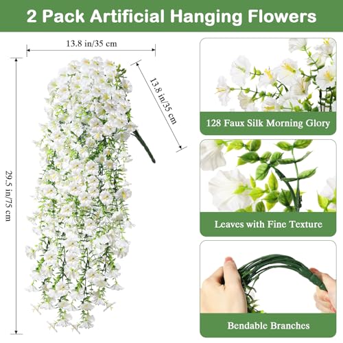 Image of Lewondr 2PCS Artificial Hanging Flowers UV Resistant Silk Petunias, White | 29.5 inch Morning Glory, No Watering Needed, Fade Proof, for Porch Patio Yard Baskets, Spring Summer Decor, Indoor Outdoor Use