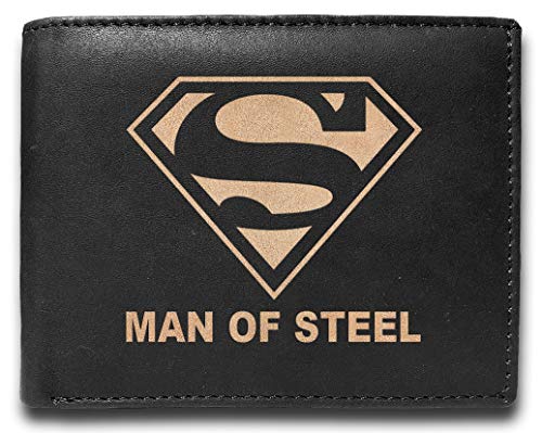 Superman Man of Steel RFID Blocking Cowhide Leather Laser Engraved Slimfold Men Large Capacity Luxury Wallet Slim BLACK Credit Card Holder Organizer 14 Pocket